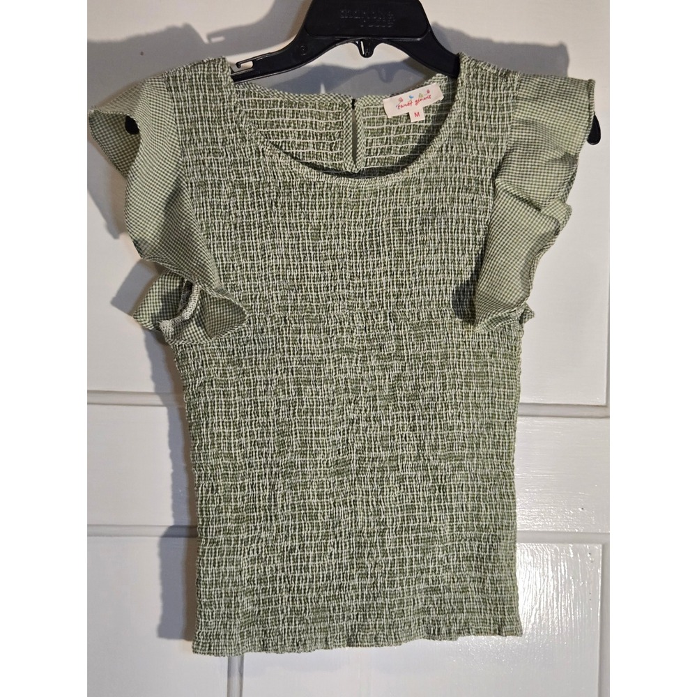 Sweet Generis Olive Green Gingham Smocked Ruffle Sleeve Blouse Top Medium